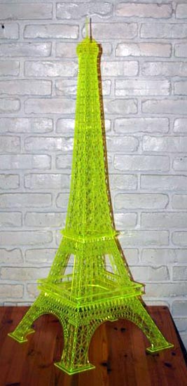 Scroll saw Eiffel Tower model in green fluorescent plexiglass acrylic