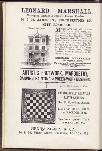 old book add of artistic fretwork, marquetry, carving, painting and poker-work designs