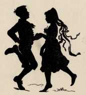 black silhouette of two children dancing
