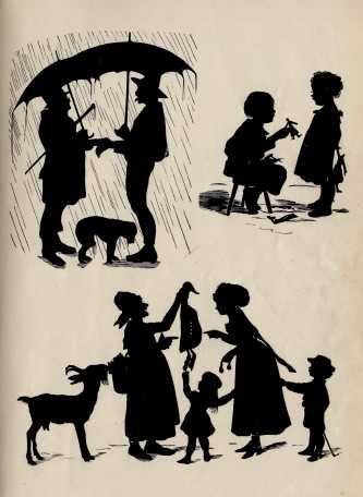 black silhouettes of children, women, men and animals