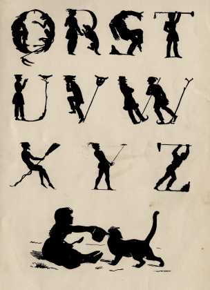 black letters formed by human figures and one girl playing with a cat