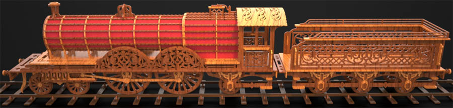 Tren con locomotora y vagones en madera calada