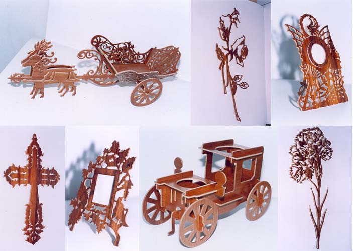 Fretwork models of cross, frame, car, rose, dragon